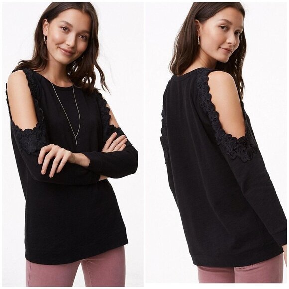 Loft Sz S Black Lace Embroidered Cold Shoulder Light Sweatshirt Top Blouse Women - Picture 1 of 12